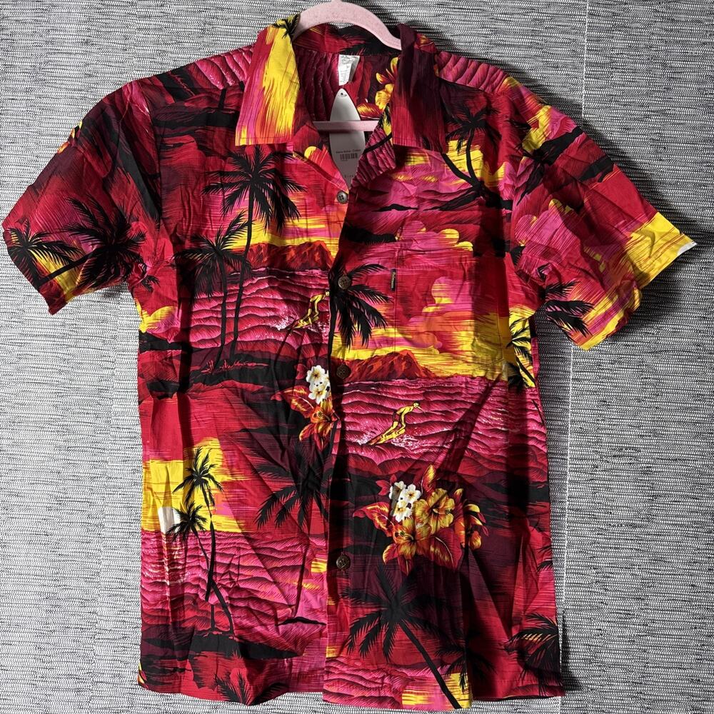 Palmwave Cotton Hawaiian Shirt, Red Scenery, Medium